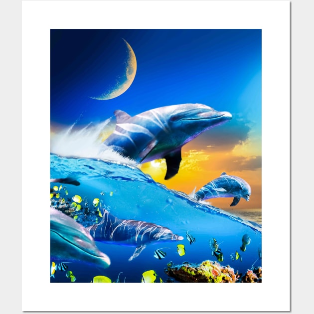 Dolphin Swimming Dolphins In Ocean Beach Moon Wall Art by Random Galaxy